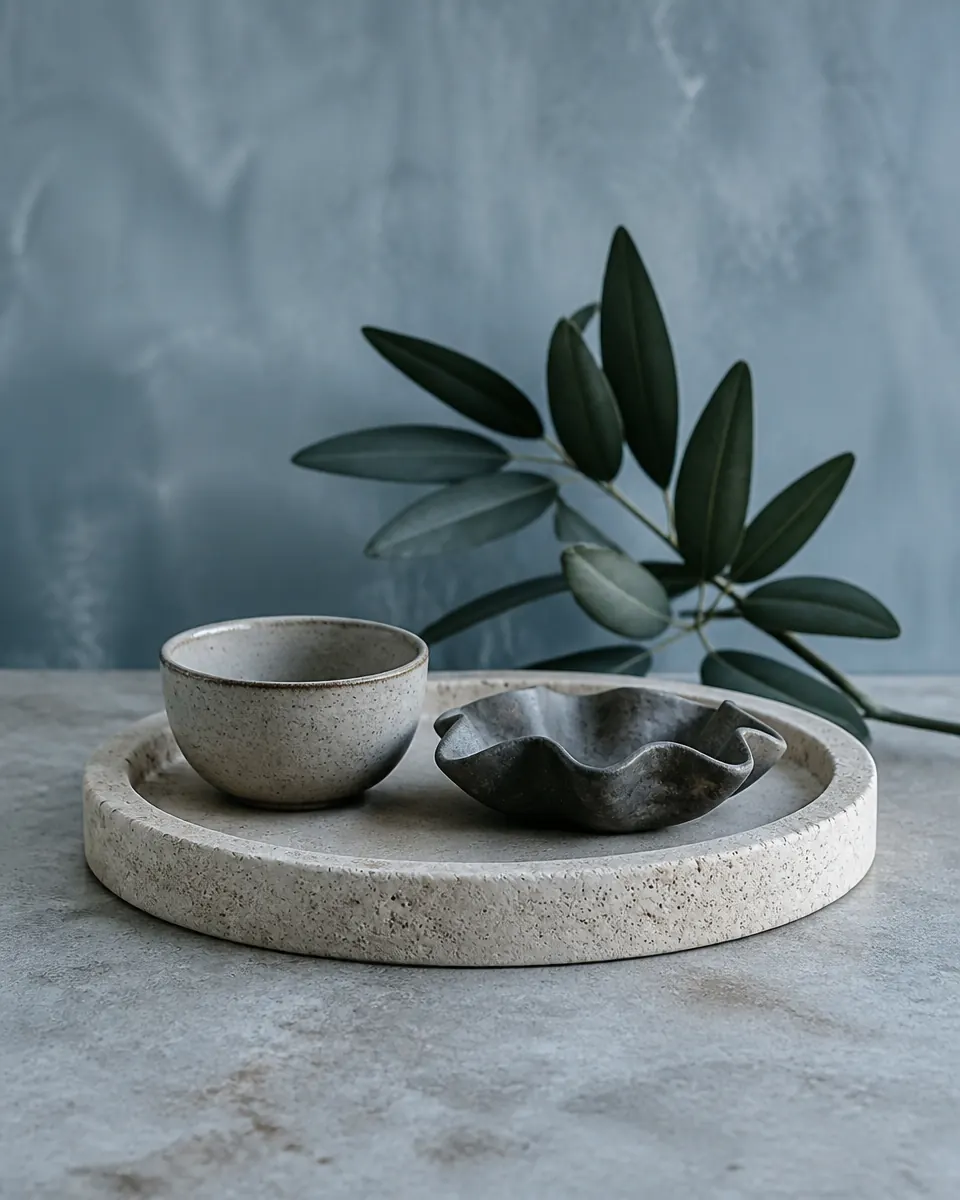Pale stone tray styled with a speckled stoneware bowl, a sculptural grey dish and a sprig of deep green foliage on cool limestone