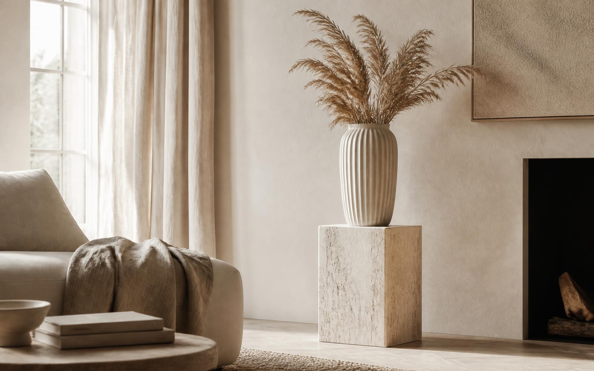 Fluted ceramic vase with dried pampas on a travertine plinth in a calm cream British living room