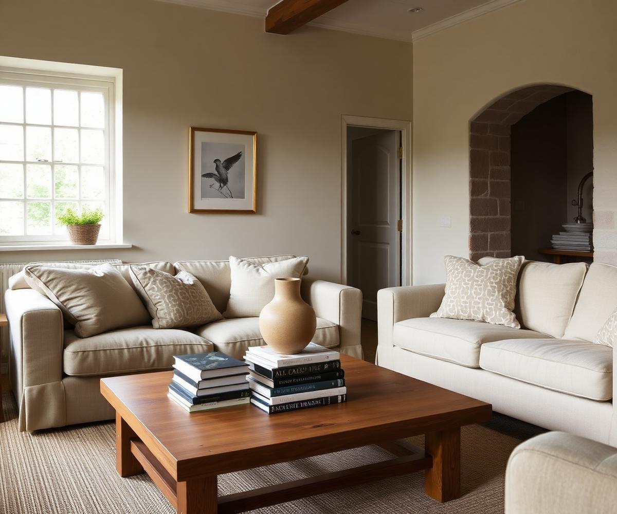 Neutral British living room styled with a ceramic vase, oak tray and stacked books