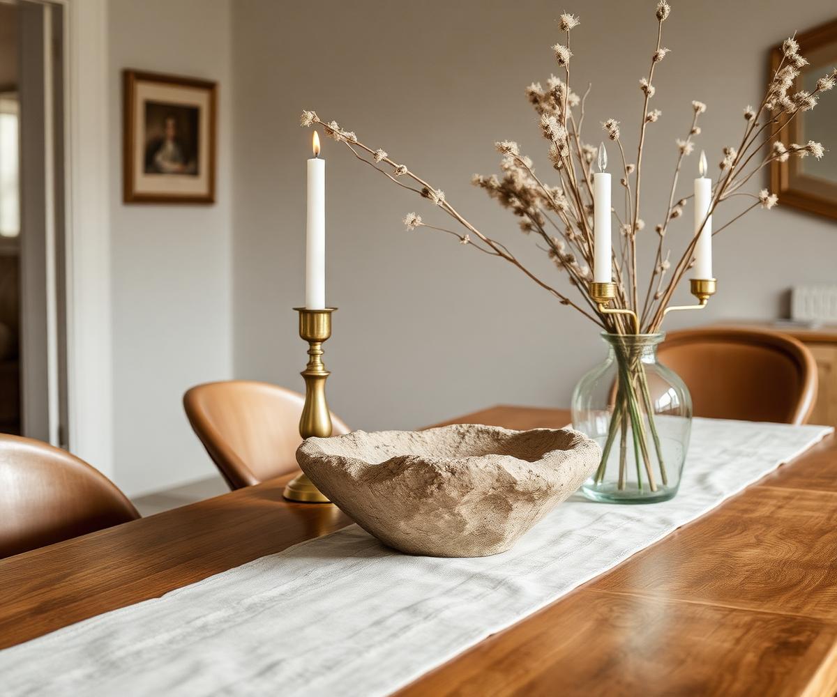 Dining table styled with a stone bowl and brass candle holders